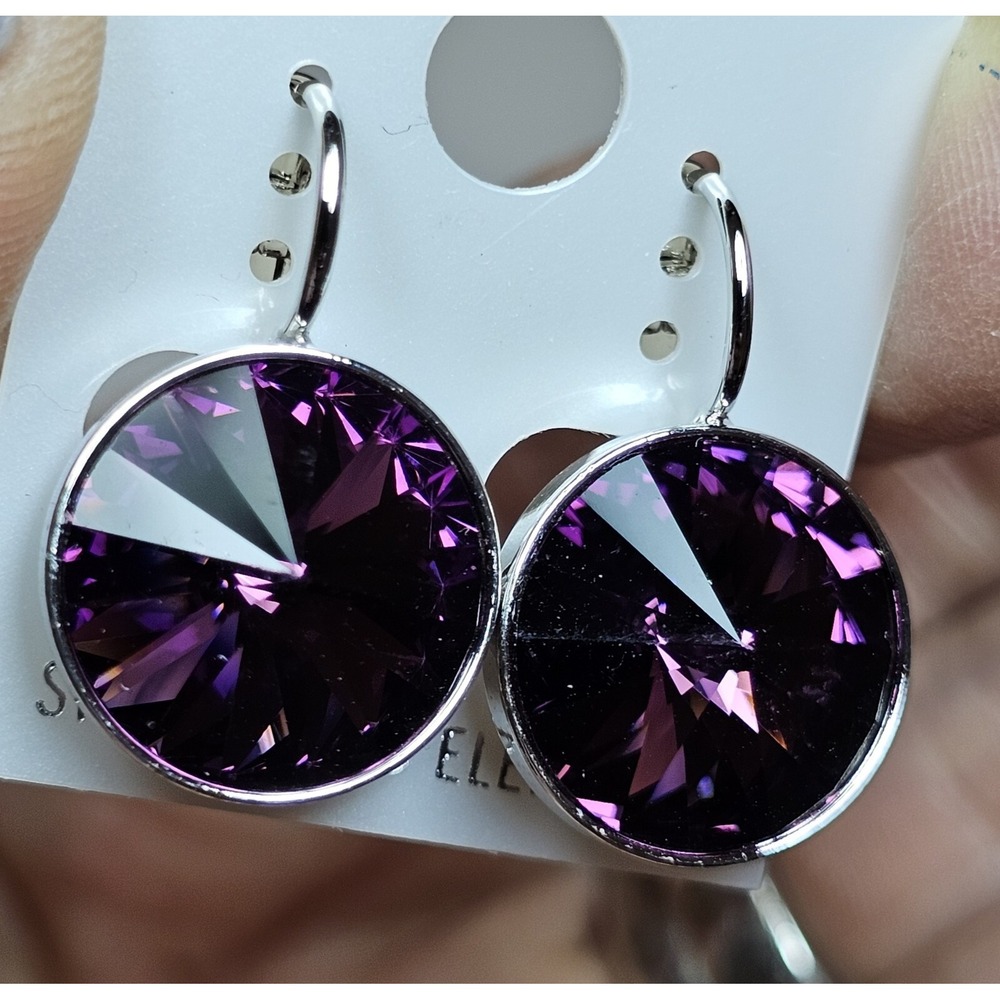 NEW! Made W SWAROVSKI  ELEMENT CRYSTALS Purple Earrings Leverback15mm Round BLIN